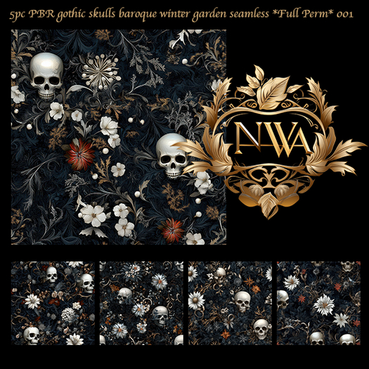 5pc PBR gothic skulls baroque winter garden texture seamless *Full Perm*   001