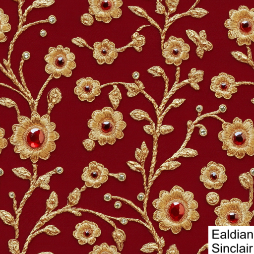 Gold Embroidered Red Silk With Jewels Seamless Texture