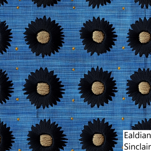 Black Embroidered Suns on Blue Linen Seamless Texture