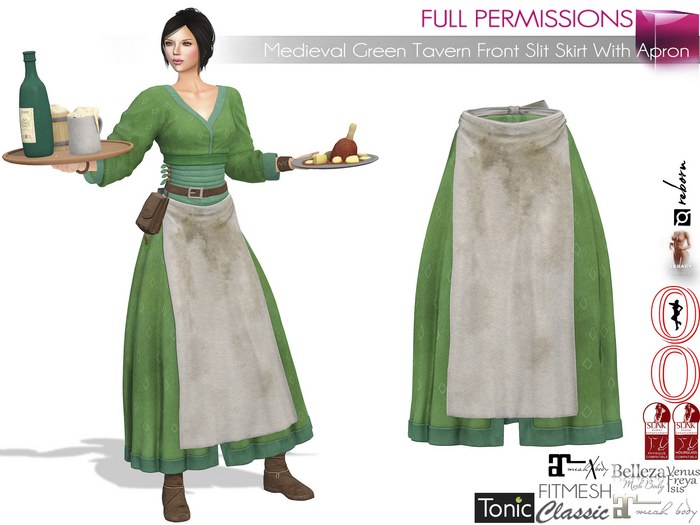 MI963123 Medieval Green Tavern Front Slit Skirt With Apron