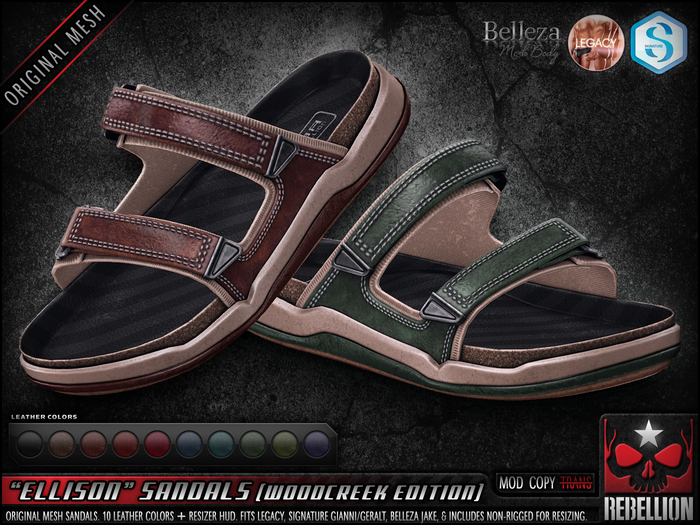 = REBELLION = "ELLISON" SANDALS - WOODCREEK EDITION (Legacy, Signature Gianni - Geralt, Belleza Jake)