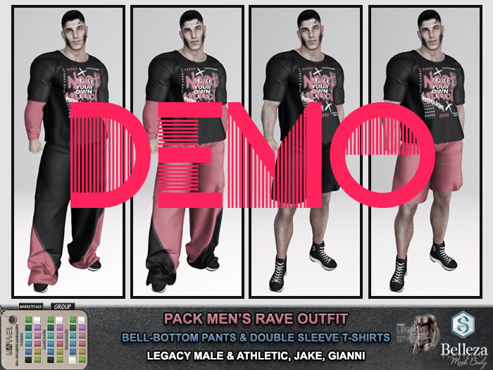 (HASSEL) DEMO MEN'S RAVE OUTFIT (BELL-BOTTOM PANTS, T-SHIRTS, SHORTS) LEGACY MALE, LEGACY ATHLETIC, JAKE, GIANNI 476 477