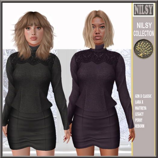 LACED TOP SWEATER&LEATHER SKIRT,2OPTIONS