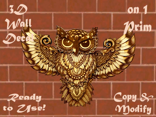 GOLDEN BRASS OWL WALL HANGING HOME DECOR ALPHA CUT OUT 3D DECAL STYLE ON 1 PRIM copy/modify