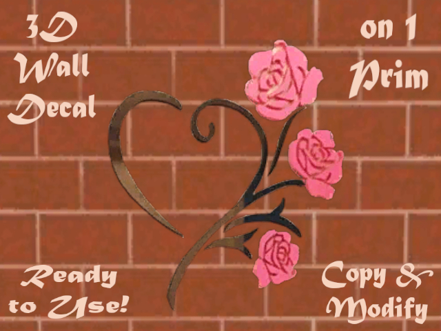 LOVE ROSE METAL WALL HANGING HOME DECOR ALPHA CUT OUT 3D WALL DECAL STYLE ON 1 PRIM copy/modify
