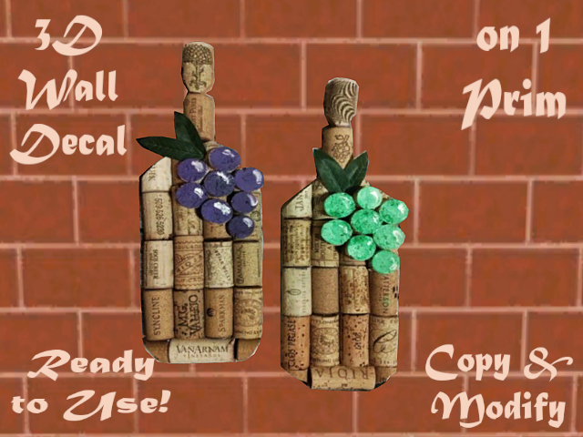 WINE BOTTLE CORK GRAPE DECOR WALL HANGING HOME DECOR ALPHA CUT OUT 3D WALL DECAL STYLE ON 1 PRIM copy/modify