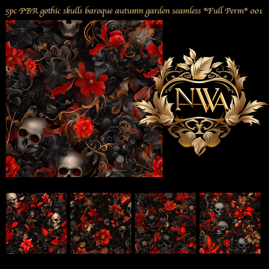 5pc PBR gothic skulls baroque autumn garden texture seamless *Full Perm*   001