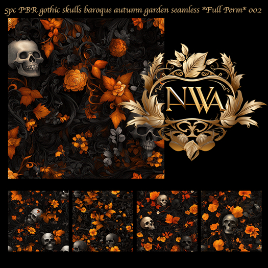 5pc PBR gothic skulls baroque autumn garden texture seamless *Full Perm* 002