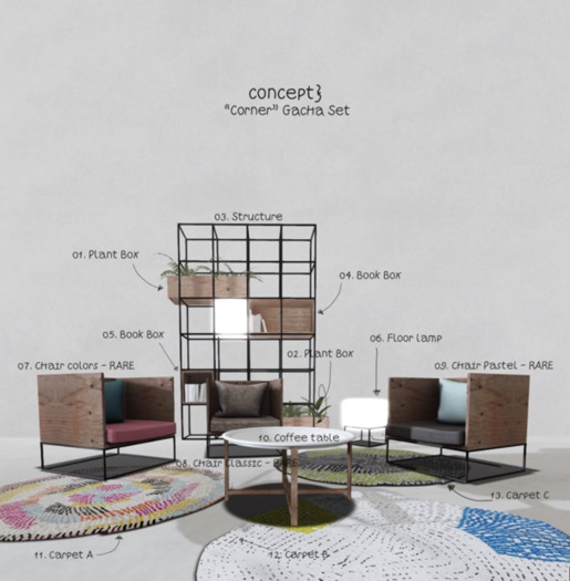 07 .Concept} Corner. Chair Colors - RARE