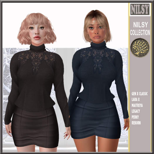 LACE APPLIQUE SWEATER&SATIN SKIRT,2OPTIONS