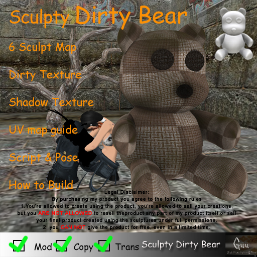 -=((Guu))=- Sculpty Dirty Bear [BOXED] SCULPT MAP & TEXTURE SHADOW 