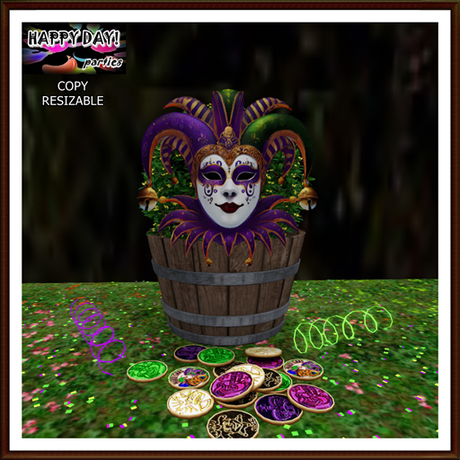 Mardi Gras - Barrel with Mask and Hedge Bush