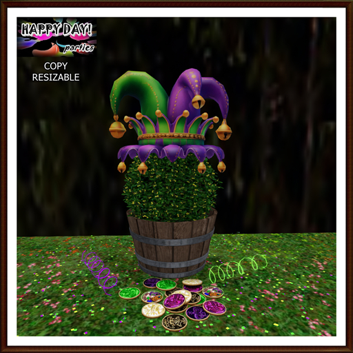 Mardi Gras - Barrel with Hat and Hedge Bush