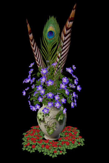 Vase with a composition of flowers and feathers.