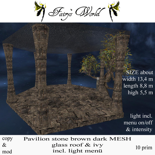 *FW* Pavilion stone brown dark+glass+tree+light on/off MESH