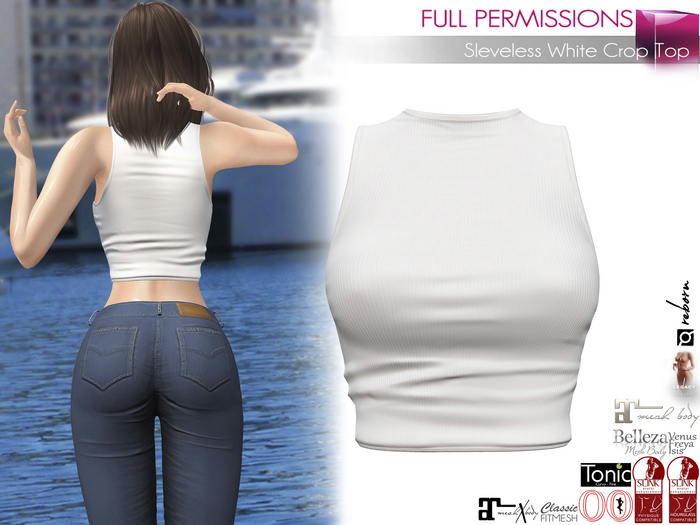 Full Perm Female Sleeveless Crop White Tank Top For Maitreya 5.3 LaraX Ebody Reborn Legacy Belleza Slink Tonic Ocacin