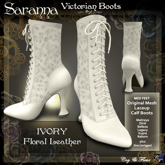 C&F Saranna Victorian Boots - Floral Leather - IVORY Updt