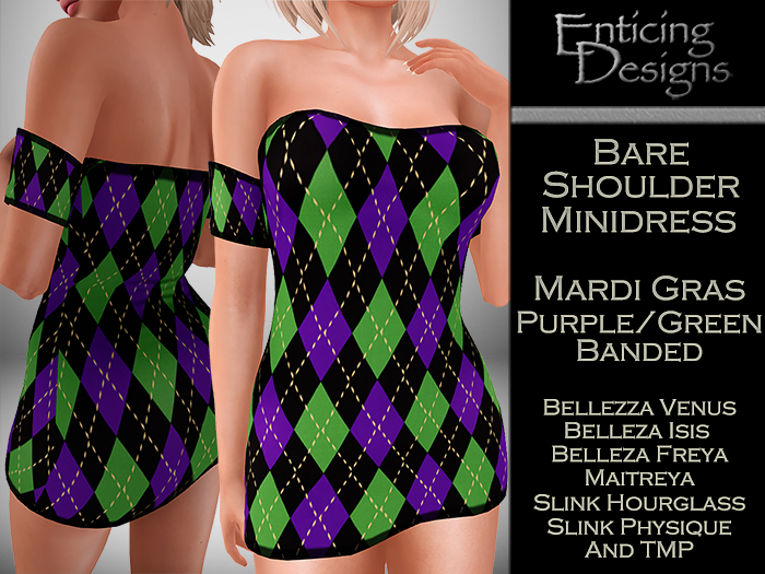 *ED Bare Shoulders Minidress - Mardi Gras Purple Green Banded