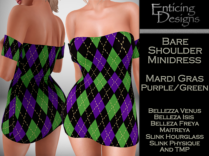*ED Bare Shoulders Minidress - Mardi Gras Purple Green