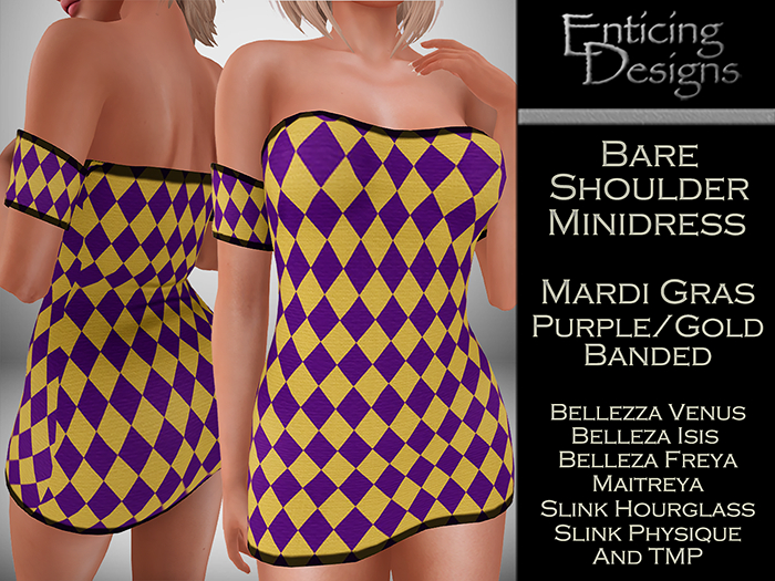 *ED Bare Shoulders Minidress - Mardi Gras Purple Gold Banded