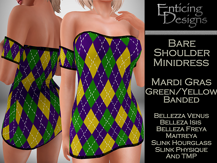 *ED Bare Shoulders Minidress - Mardi Gras Green Yellow Banded