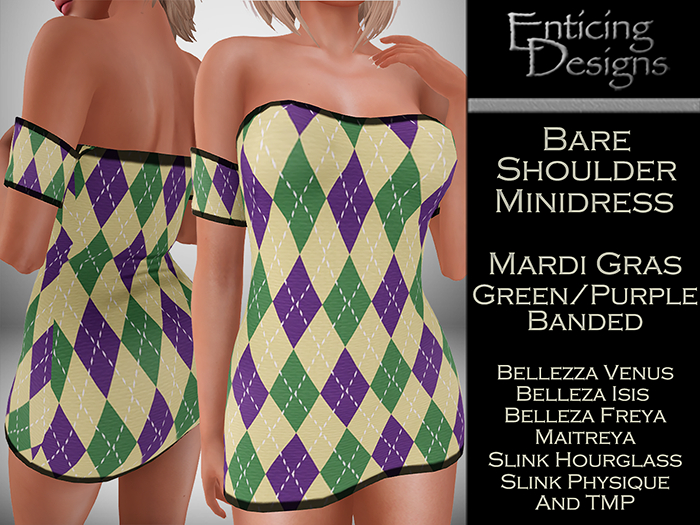 *ED Bare Shoulders Minidress - Mardi Gras Green Purple Banded