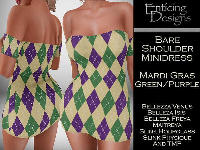 *ED Bare Shoulders Minidress - Mardi Gras Green Purple