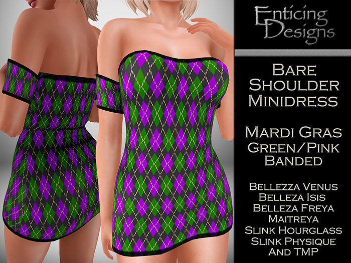 *ED Bare Shoulders Minidress - Mardi Gras Green Pink Banded