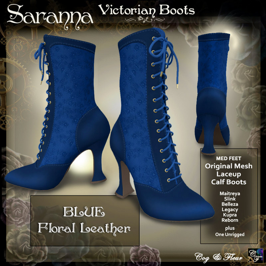 C&F Saranna Victorian Boots - Floral Leather - BLUE (New)