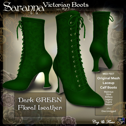 C&F Saranna Victorian Boots - Floral Leather - DK Green (NEW)