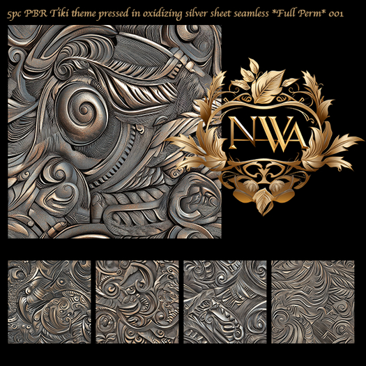 5pc PBR Tiki theme pressed in oxidizing silver sheet seamless *Full Perm* 001