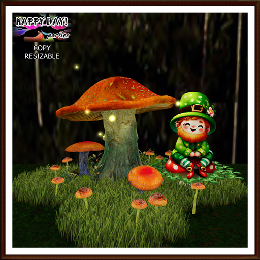 St Patrick - Leprechaun Mushrooms and Clover Grass