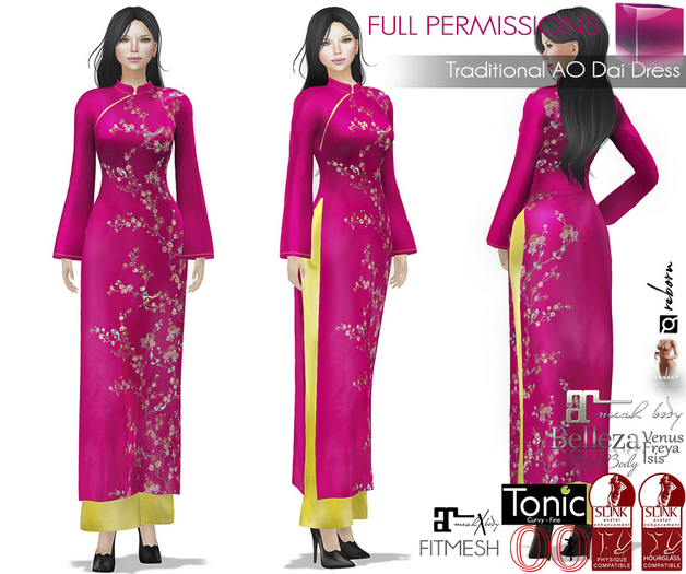 FullPerm Traditional Pink & Yellow Vietnamese Ao Dai Dress Outfit For Maitreya Slink Belleza Tonic Ebody Reborn Legacy