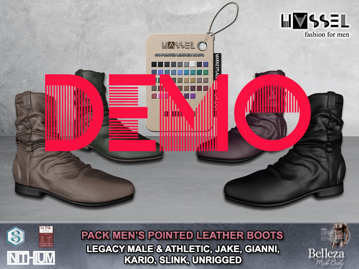 (HASSEL) DEMO POINTED LEATHER BOOTS LEGACY MALE, LEGACY ATHLETIC, JAKE, GIANNI, KARIO, SLINK, UNRIGGED 479 