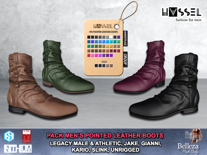 (HASSEL) PACK MEN'S POINTED LEATHER BOOTS LEGACY MALE, LEGACY ATHLETIC, JAKE, GIANNI, KARIO, SLINK, UNRIGGED 479