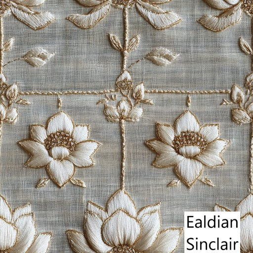 Embroidered White Lotus Flowers on Linen Seamless Texture