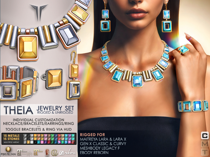**RE** Theia Set - Necklace - Earrings - Bracelets - Ring - PBR - Fit Mesh - Maitreya Lara X, GenX, Meshbody, eBODY 