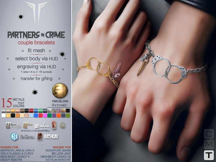 **RE** Partners in Crime Couple Bracelets - PBR - Fit Mesh - Transferable - Unisex - Engraving - 