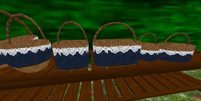 ALMOST FREE! ROMANTIC SHABBY CHIC WHIMSY BROWN BASKET W/ BLUE DENIM AND LACE MOD/TRANS