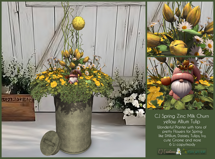 CJ Spring Zinc Milk Churn yellow Allium Tulip