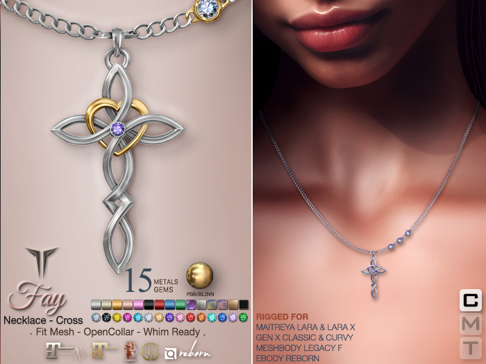 **RE** Fay Necklace - Cross - Fit Mesh - PBR - RLV - Maitreya Lara X, GenX, Meshbody, eBODY 