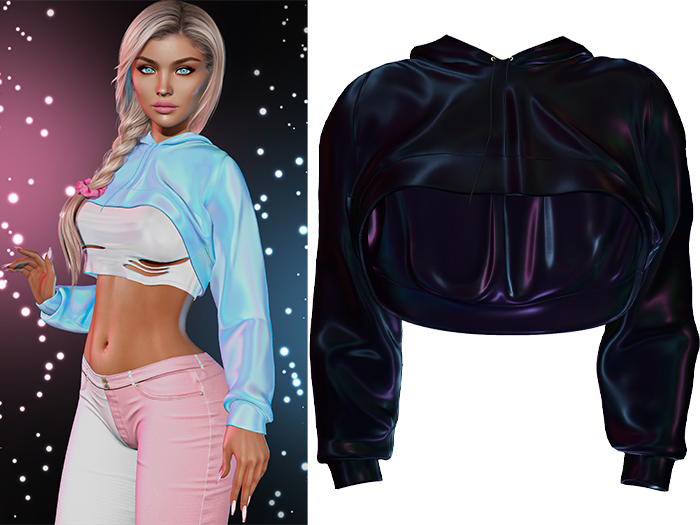 Anya Cropped Hoodie 2.0 [Holo Black] - Maitreya Lara + LaraX • Petite + PetiteX • Legacy • Reborn Tops