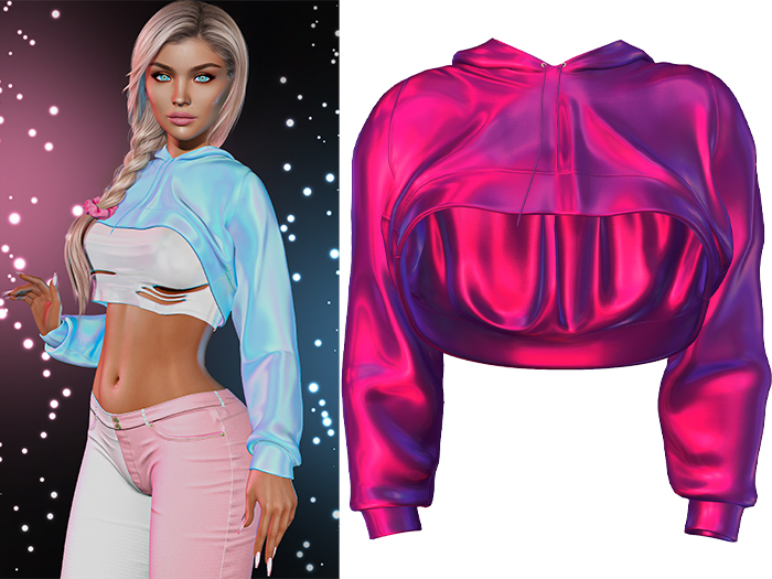 Anya Cropped Hoodie 2.0 [Holo Magenta] - Maitreya Lara + LaraX • Petite + PetiteX • Legacy • Reborn Tops