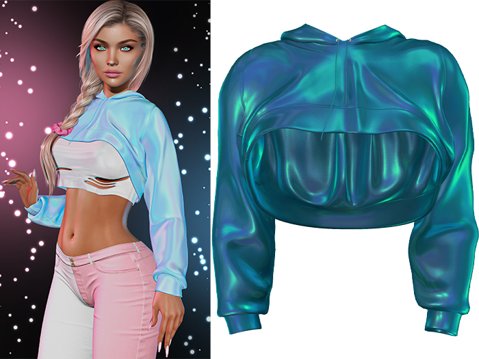 Anya Cropped Hoodie 2.0 [Holo Teal] - Maitreya Lara + LaraX • Petite + PetiteX • Legacy • Reborn Tops