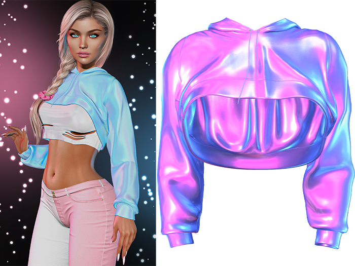 Anya Cropped Hoodie 2.0 [Holo Bubblegum] - Maitreya Lara + LaraX • Petite + PetiteX • Legacy • Reborn Tops