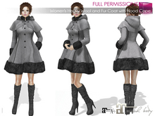 Full Perm MAITREYA 5.3 LaraX Long Sleeve Closed Front Wool and Fur Midi Winter Coat with Hood Cape - 2 TEXTURES