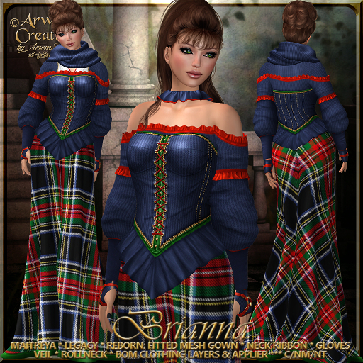 {AS} Brianna Fitted Mesh Gown & Gloves: Stewart Blue; Medieval, Scottish Tartan, Celtic; BoM; Maitreya, Reborn, Legacy