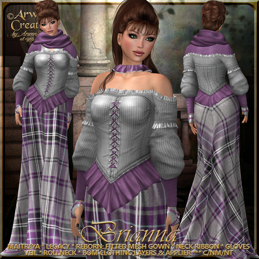 {AS} Brianna Fitted Mesh Gown & Gloves: Silver Purple; Medieval, Scottish Tartan, Celtic; BoM; Maitreya, Reborn, Legacy