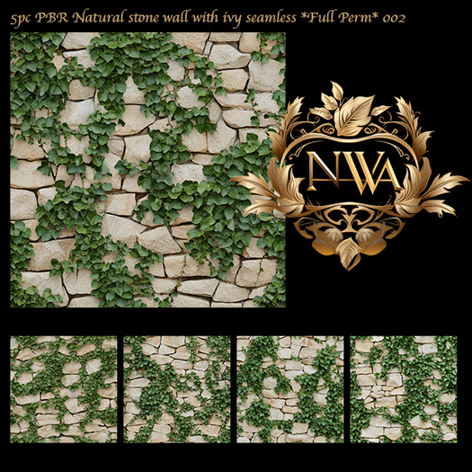 5pc PBR Natural stone wall with ivy seamless *Full Perm* 002