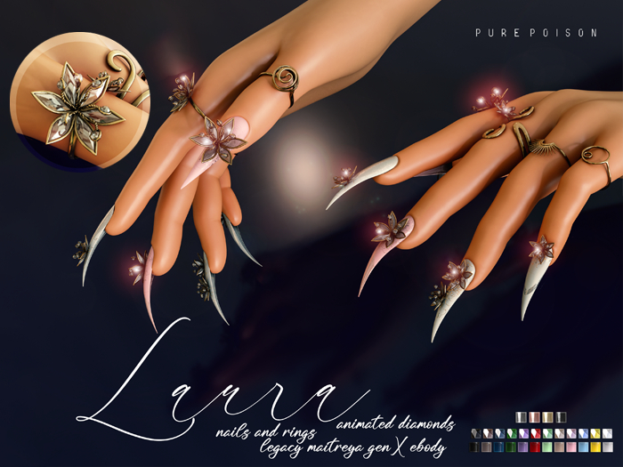 Pure Poison - Laura Unhas e Anéis com diamantes animados para Legacy, Maitreya, Ebody, GenX